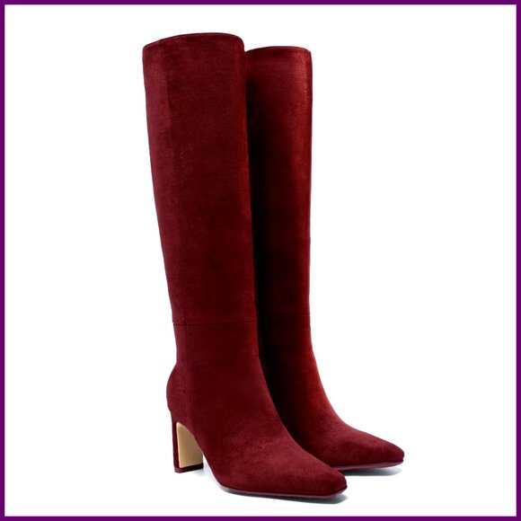 Knee High Boots Square Toe Chunky Heel Wide Calf Zipper Tall Boots